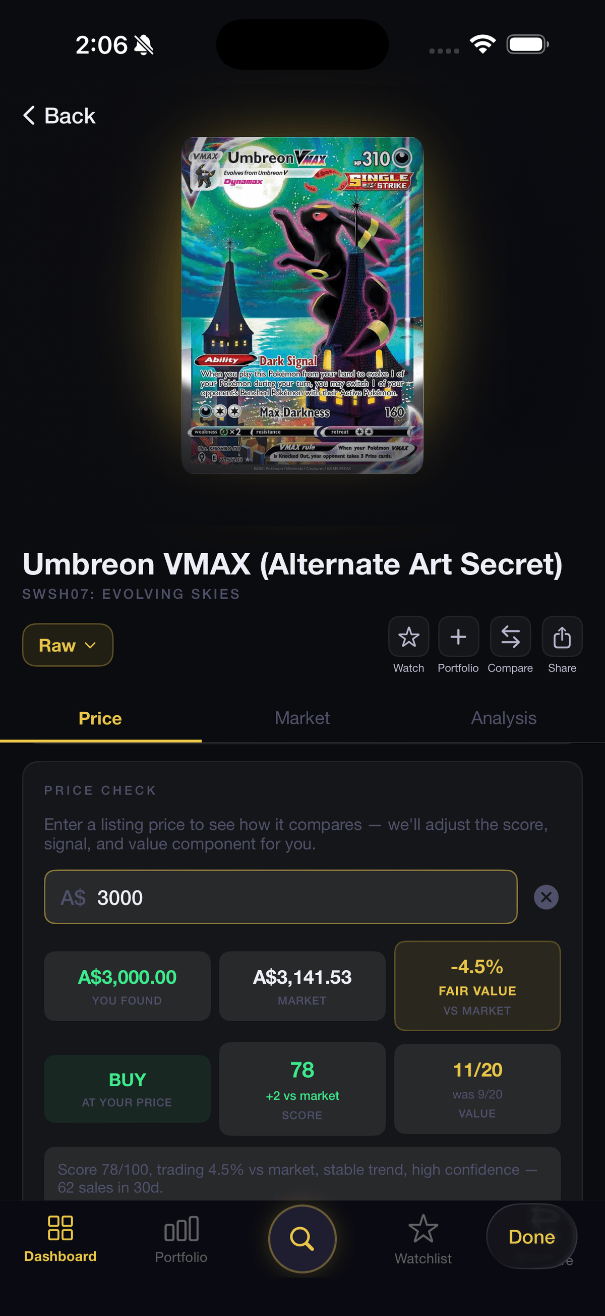 Price check on Umbreon VMAX showing fair value